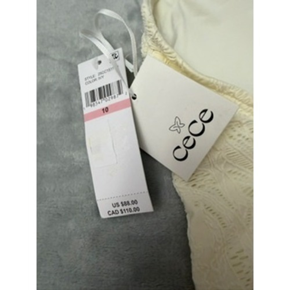 NWT CECE One Piece Swimsuit Womens Cream Lace Ruffle Deep V-Neck Sz10 $88 - Picture 13 of 14
